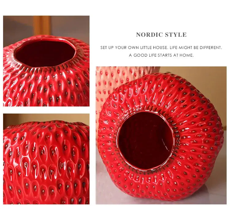 Vibrant red ceramic vase with glossy finish and detailed seed texture in DecorBites™ strawberry cartoon ceramic design for kids room