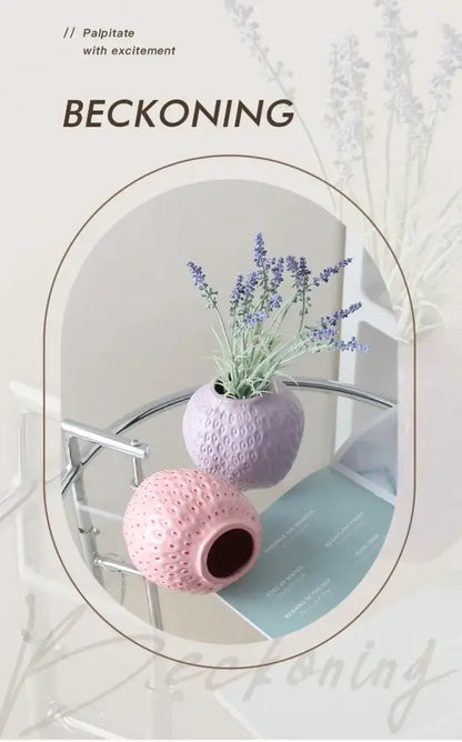 Lavender ceramic flower vase with textured dotted surface holding fresh lavender sprigs in DecorBites strawberry cartoon flower design