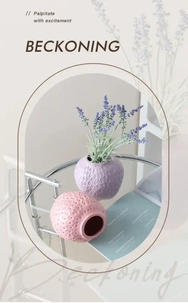 Lavender ceramic flower vase with textured dotted surface holding fresh lavender sprigs in DecorBites strawberry cartoon flower design