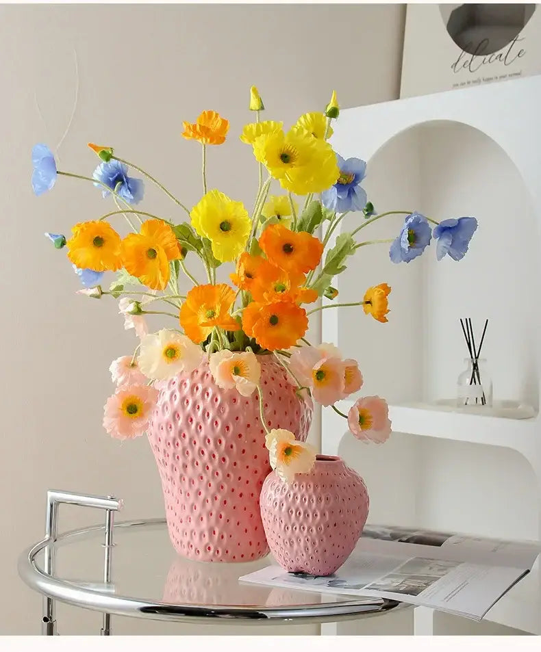 Decorbites™ strawberry cartoon flower vase pink textured ceramic with vibrant yellow orange and blue artificial poppies