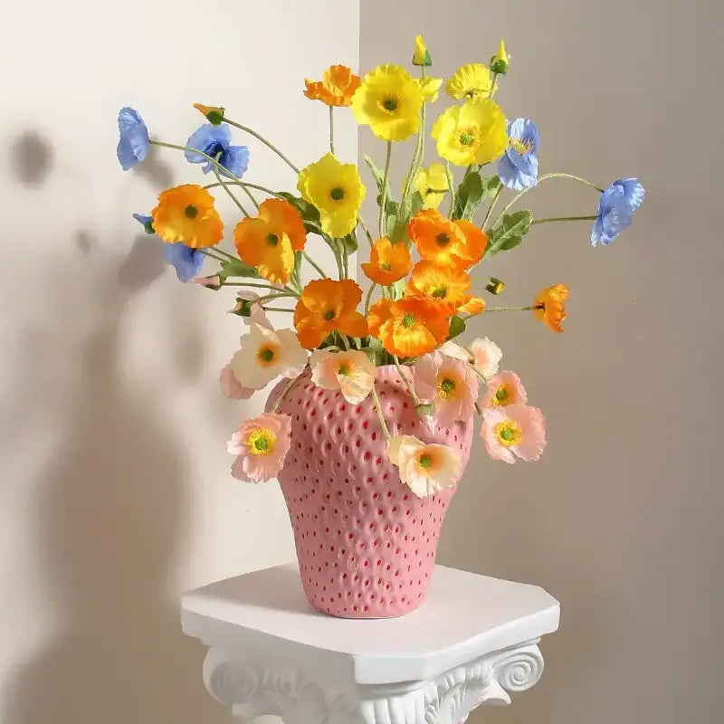 Decorbites™ strawberry cartoon flower pink ceramic vase with textured surface holding vibrant artificial poppies bouquet