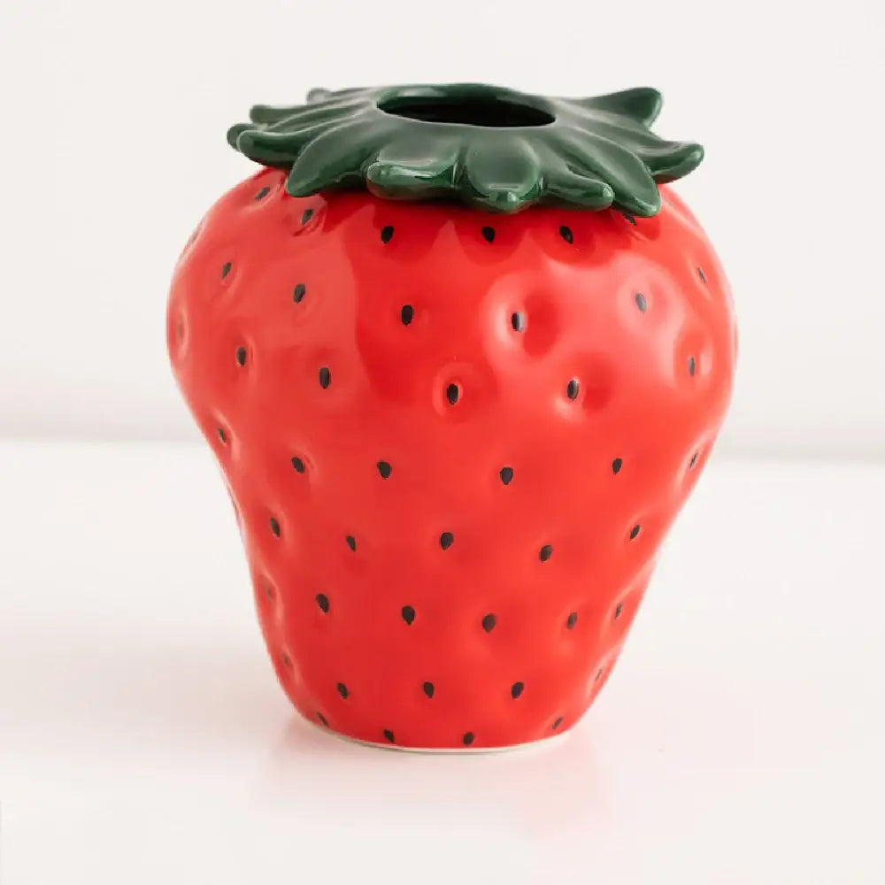 DecorBites™ glossy red ceramic strawberry shaped planter pot with black seeds and green leafy top for decor use