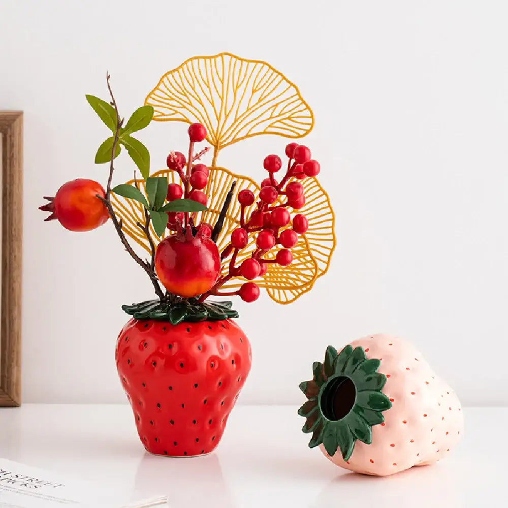 DecorBites™ strawberry shaped red ceramic planter pot with black dots and artificial pomegranate branches