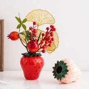 DecorBites™ strawberry shaped red ceramic planter pot with black dots and artificial pomegranate branches