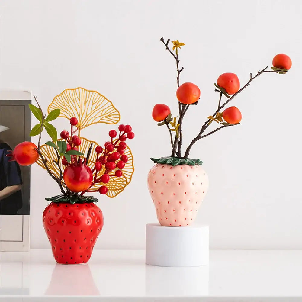 DecorBites™ red strawberry shaped ceramic planter pot with black seed details and green leafy top for home decor