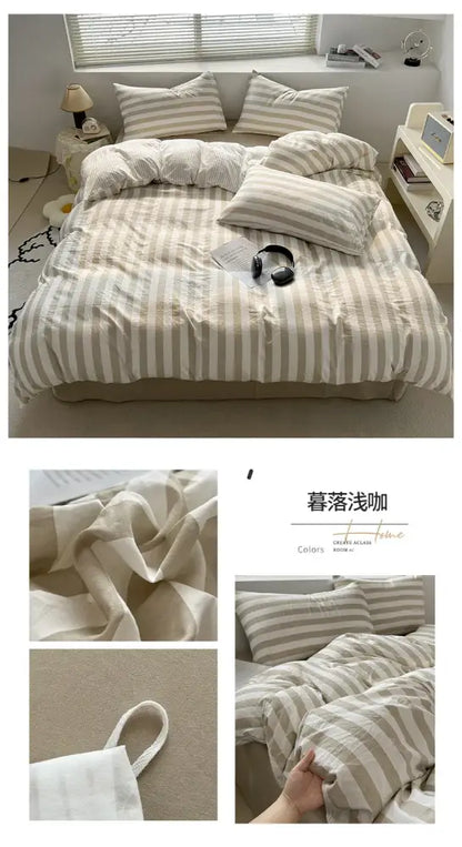 Beige and white striped quilt set by decorbites with pillowcases and bed sheet in soft textured fabric finish