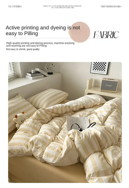 Decorbites striped quilt set with cream and beige stripes includes quilted duvet cover bed sheet and pillowcases