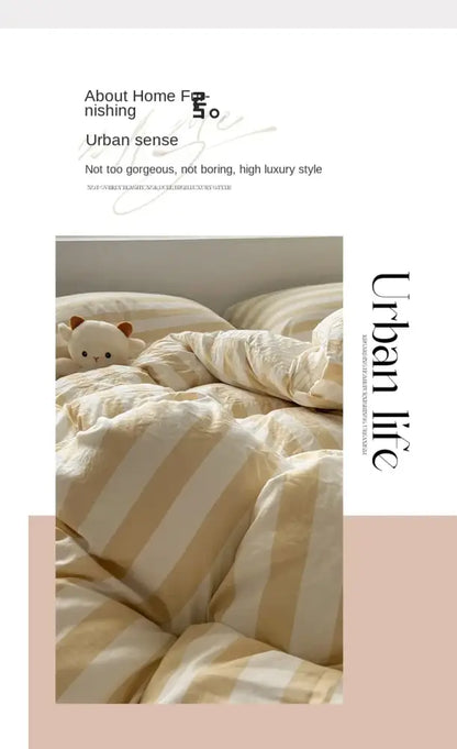 Decorbites™ striped quilt set with cream and beige stripes featuring a plush soft textured bed sheet and pillowcases