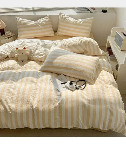 Cream and white vertically striped quilt set by DecorBites™ with soft textured fabric including bed sheet and pillowcases