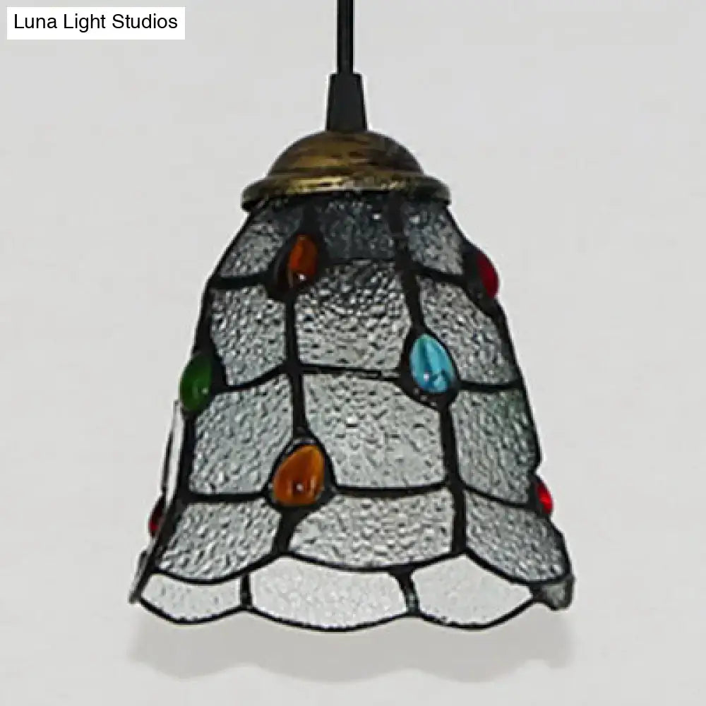Stained glass trumpet ceiling pendant light with textured silver panels and colorful gemstone accents in tiffany style