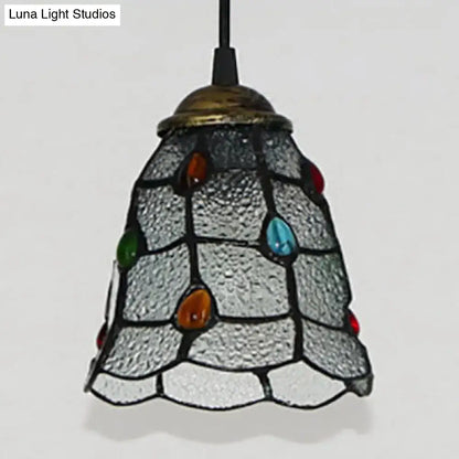 Stained glass trumpet ceiling pendant light with textured silver panels and colorful gemstone accents in tiffany style