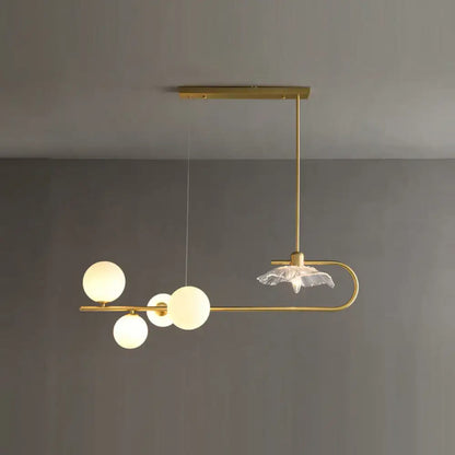 Modern brass postmodern suspension lamp with frosted glass globe bulbs and lotus leaf design crystal accent