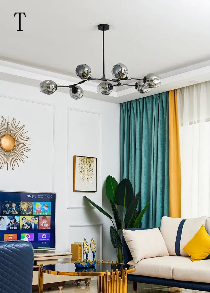 DecorBites™ stylish modern chandelier lighting with chrome finish and spherical glass globes for dining and living rooms