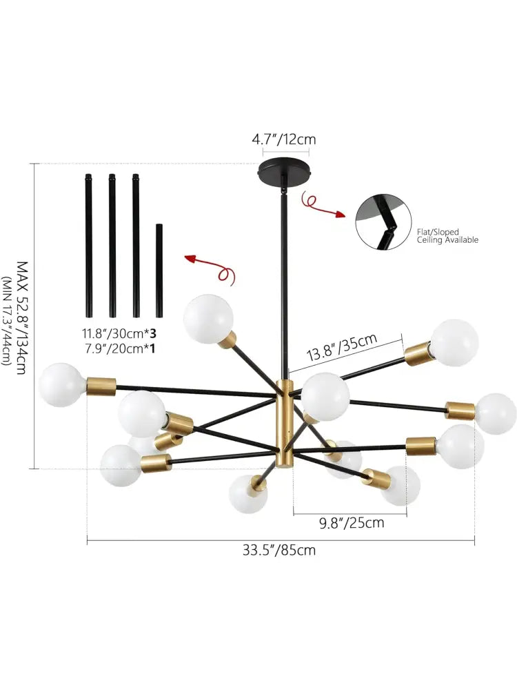 Black and brass modern stylish hanging chandelier with multiple white globe bulbs for home decor in retro industrial style