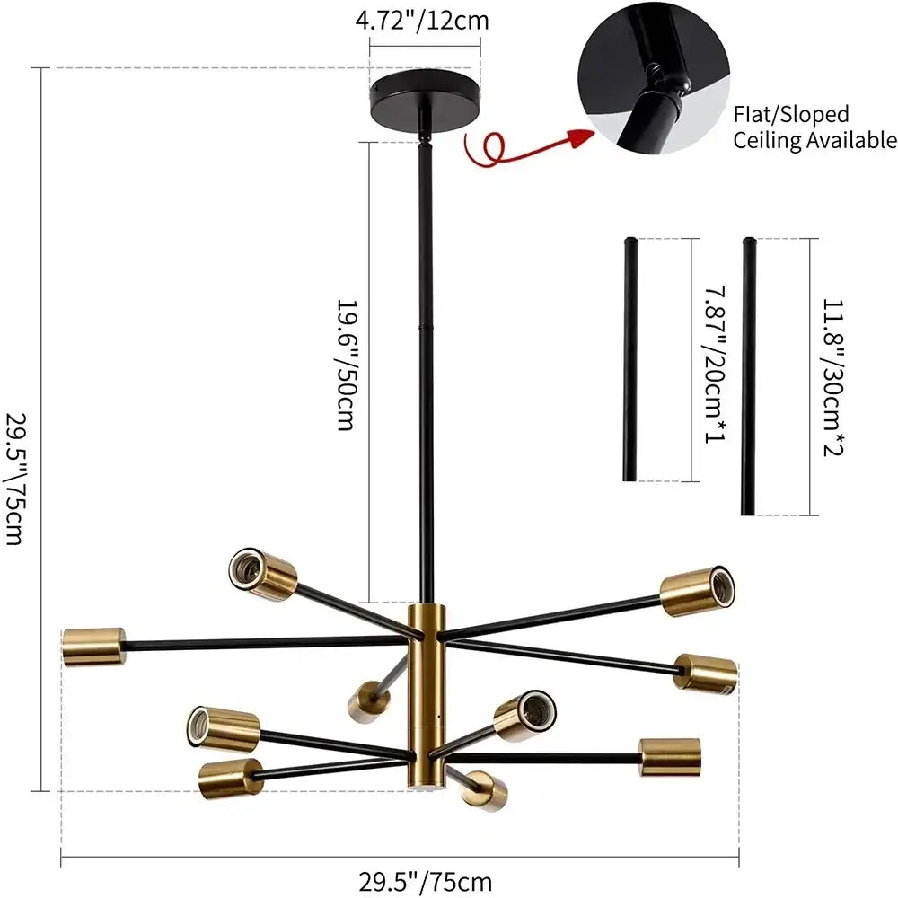 DecorBites™ stylish hanging chandelier in black and brass metal with multiple arms for retro industrial style home decor
