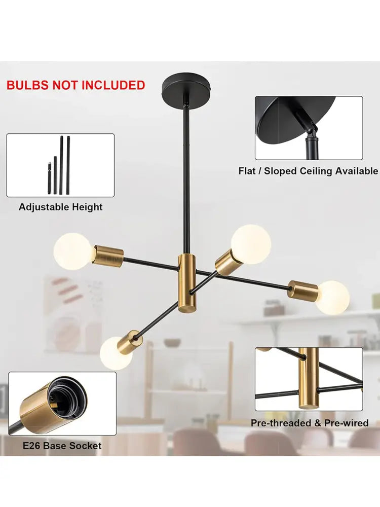 Decorbites™ stylish hanging chandelier in black and brass with adjustable height arms for retro industrial style home decor