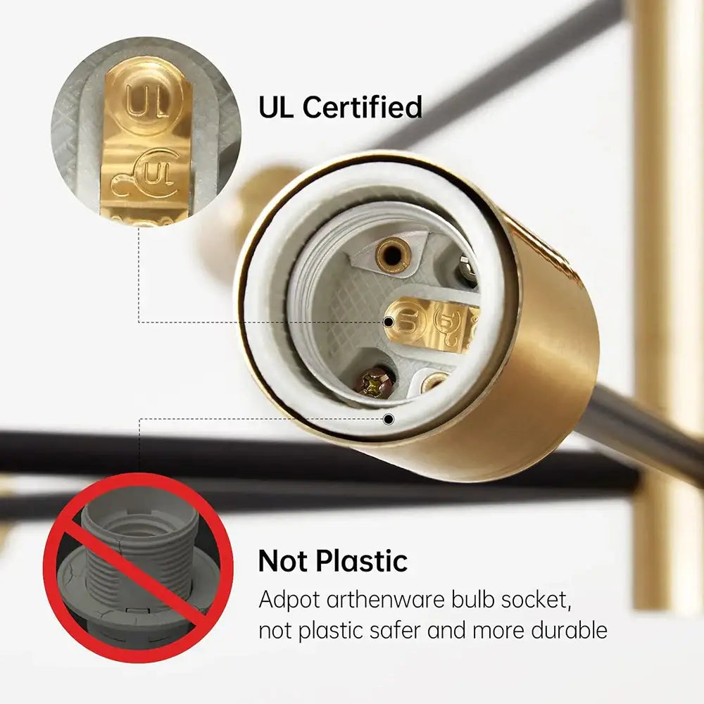 Gold-colored metal bulb socket with white ceramic interior and ul marking for decorbites stylish hanging chandelier home decor