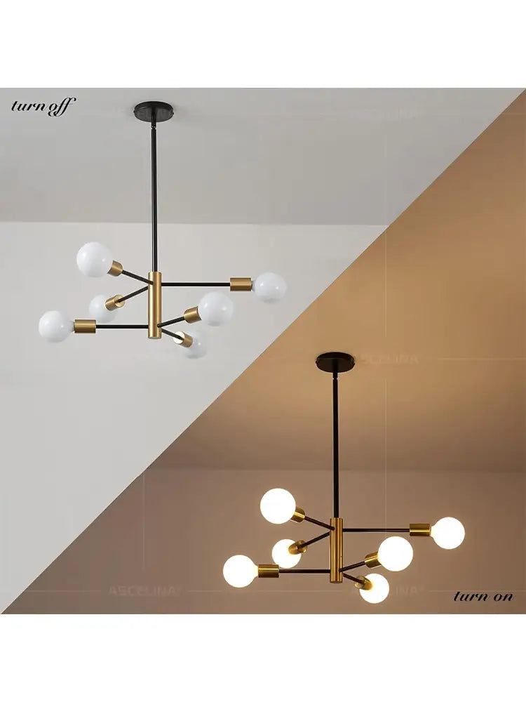 Decorbites™ stylish hanging chandelier in modern black and brass with spherical white glass bulbs for home decor and retro industrial style