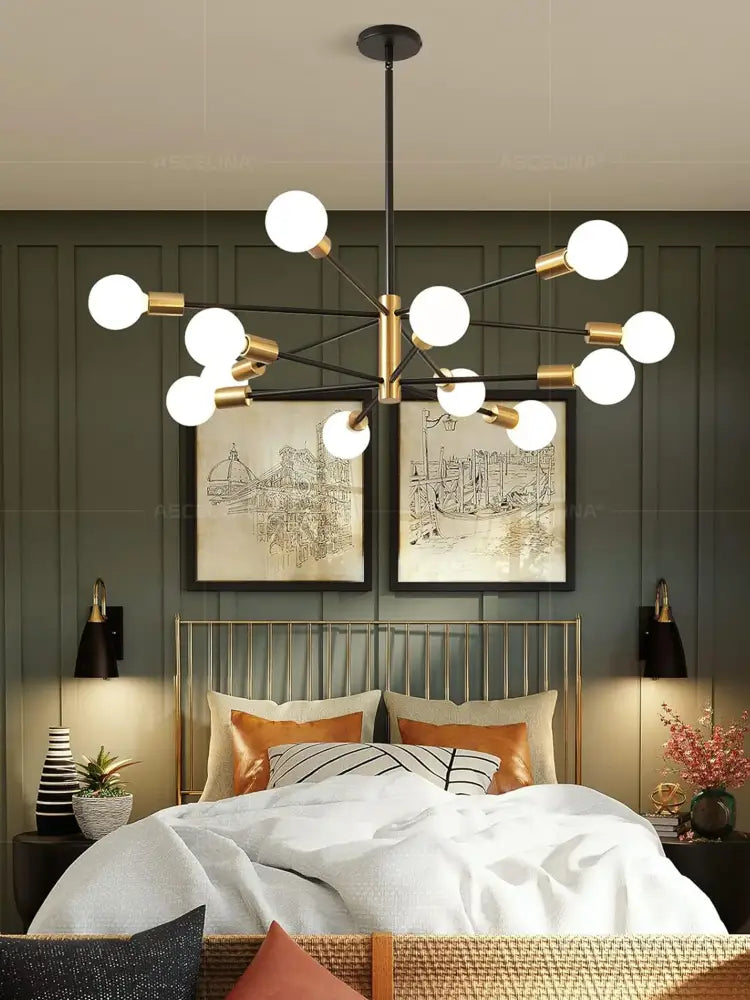 Modern chandelier by DecorBites with black brass finish and white glass bulbs in retro industrial style for home decor