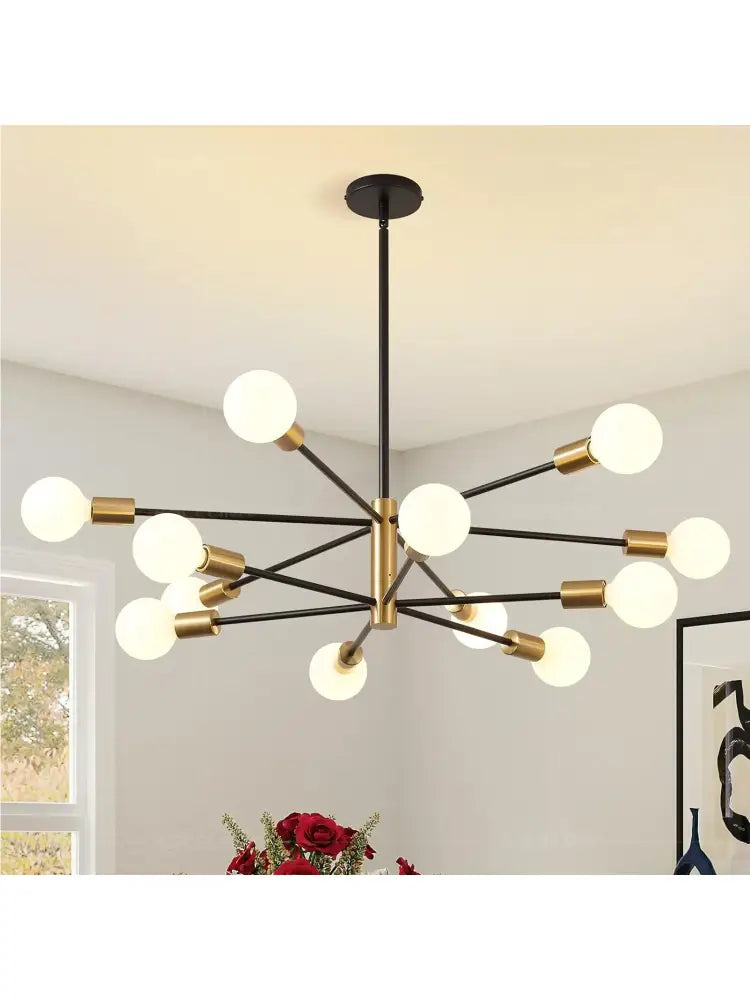 DecorBites™ stylish hanging chandelier in black and brass with spherical frosted glass bulbs for home decor and retro industrial style