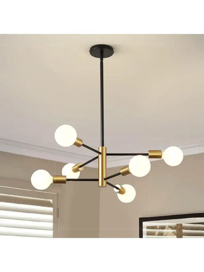 Decorbites stylish hanging chandelier in modern black and gold with six frosted glass globes for home decor and retro industrial style