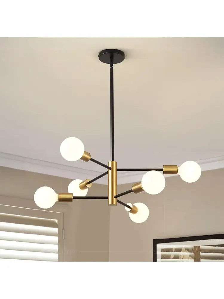Decorbites stylish hanging chandelier in modern black and gold with six frosted glass globes for home decor and retro industrial style