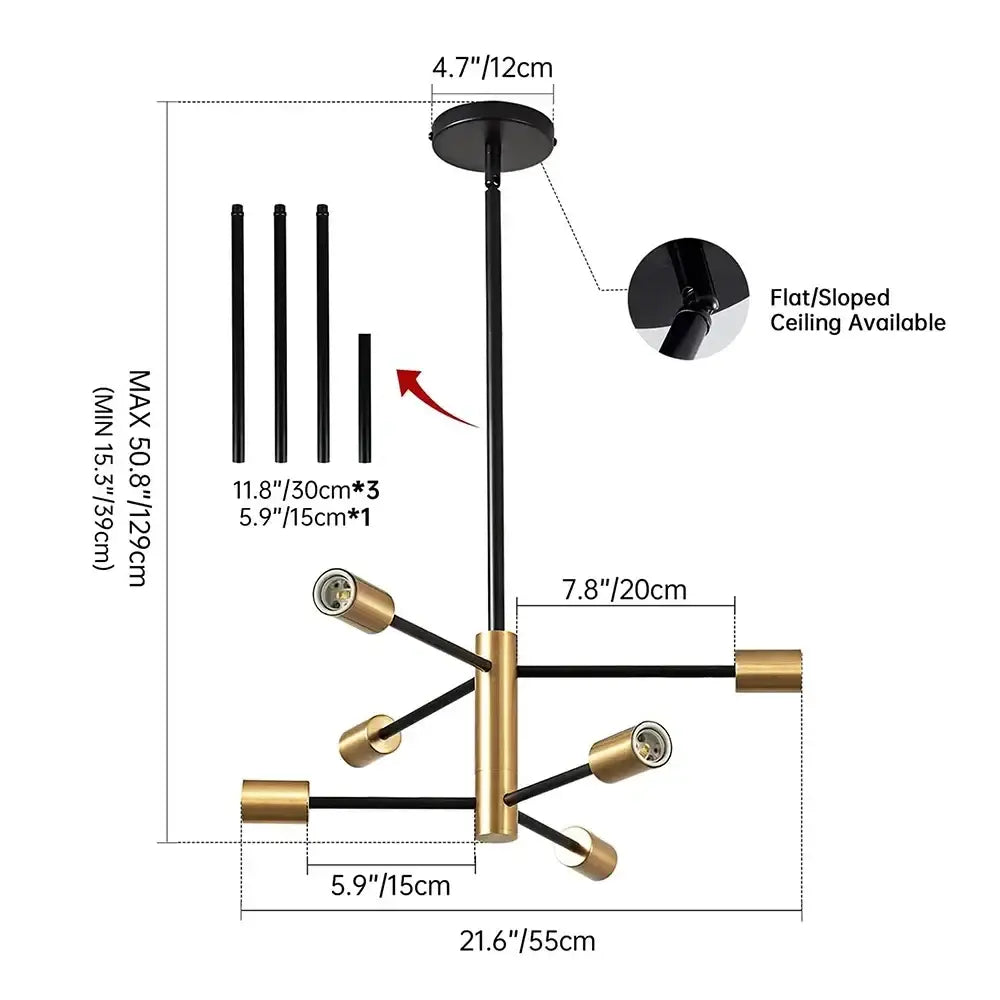 DecorBites™ stylish hanging chandelier in black and gold brass with adjustable arms for retro industrial style home decor