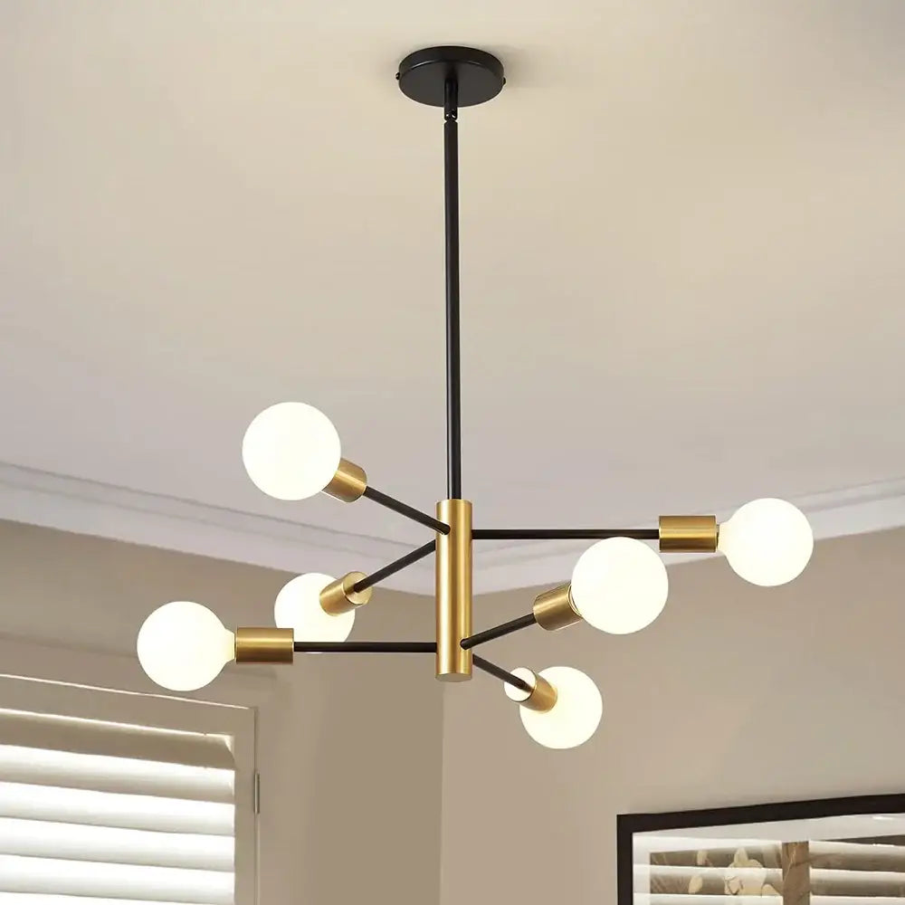 DecorBites™ stylish hanging chandelier in modern black and brass with six frosted glass globes for home decor