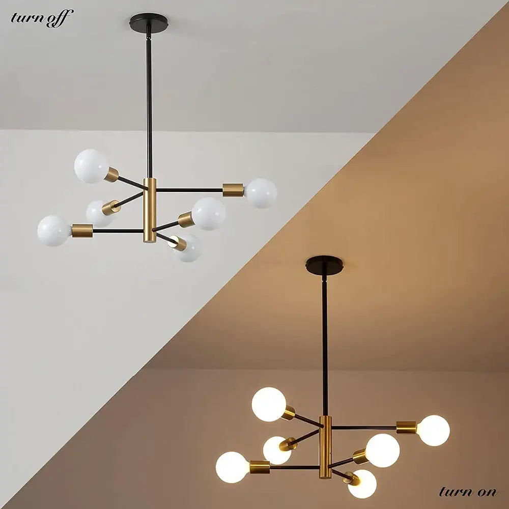Modern brass and black metal stylish hanging chandelier with spherical white glass bulbs for home decor in retro industrial style