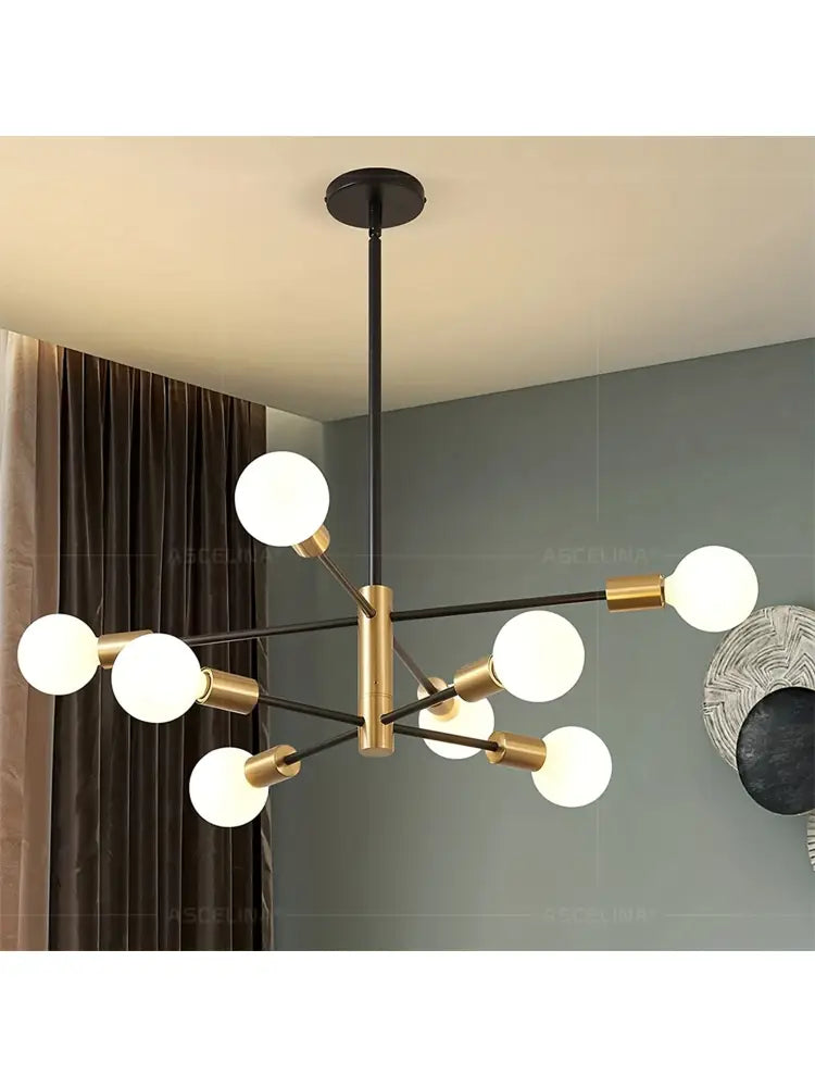 Decorbites™ stylish hanging chandelier with central brass fixture and black metal arms for retro industrial style home decor