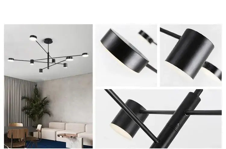 Black matte led chandelier with cylindrical fixtures and geometric arms for stylish home decor by DecorBites™