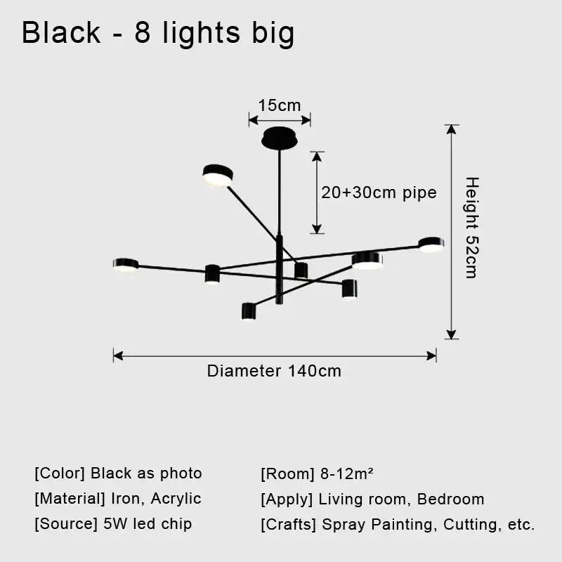 Black modern led chandelier with eight lights crafted from iron and acrylic for stylish home decor by DecorBites™