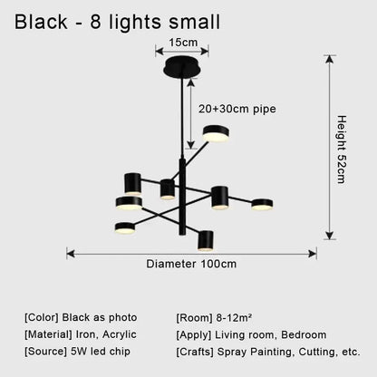 Black modern led chandelier with eight sleek cylindrical lights in branching design for stylish home decor by DecorBites™