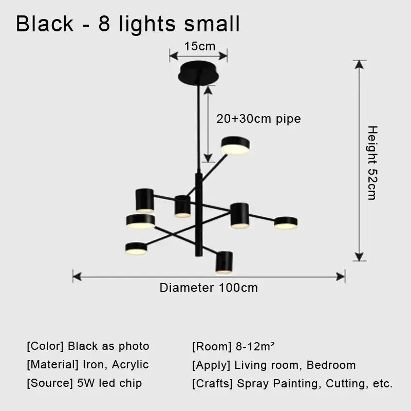 Black modern led chandelier with eight sleek cylindrical lights in branching design for stylish home decor by DecorBites™