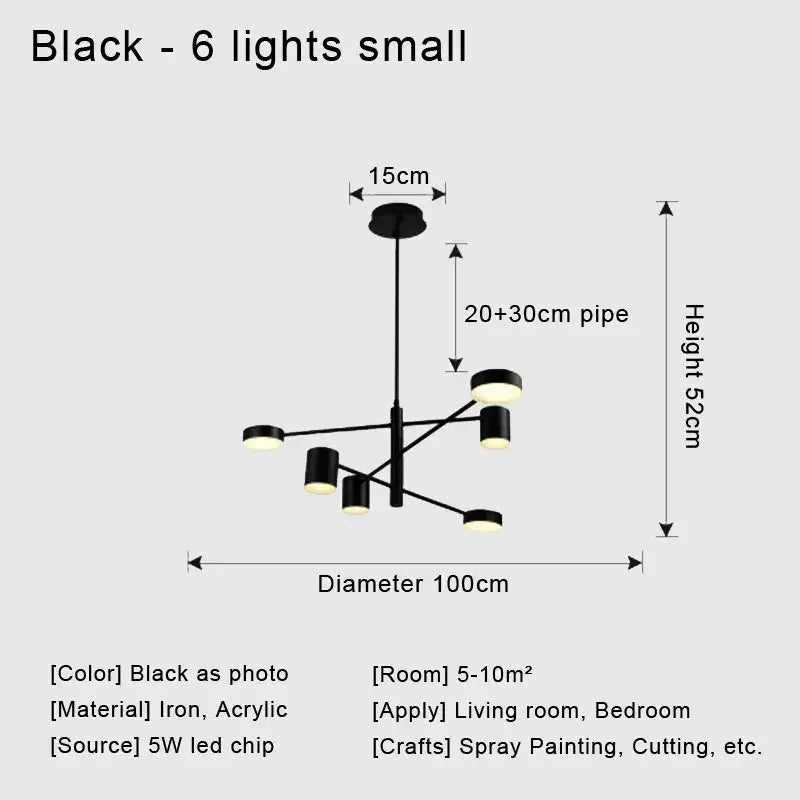 Black modern led chandelier with six illuminated lights crafted from iron and acrylic for stylish home decor by DecorBites™