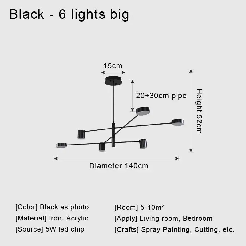 Black modern led chandelier with six cylindrical acrylic and iron lights for stylish home decor by DecorBites™
