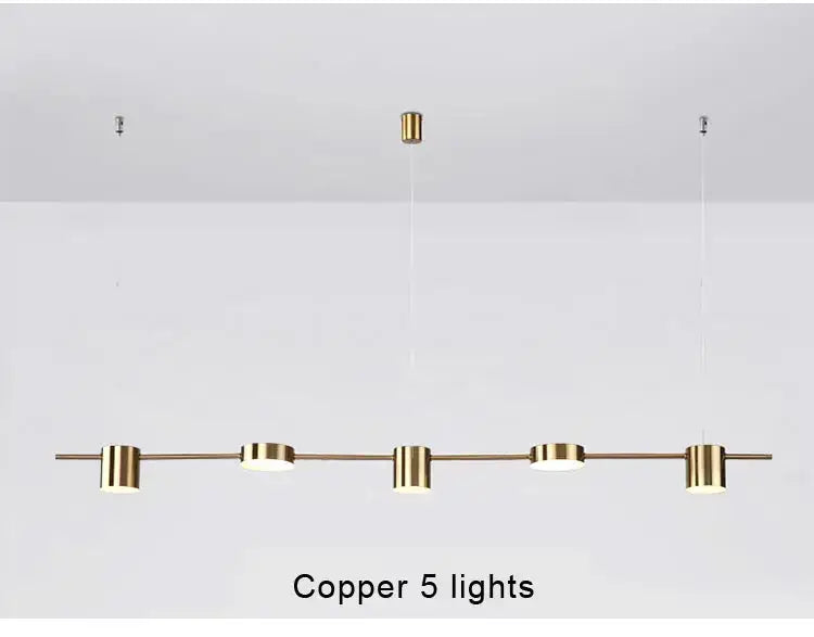Copper-colored modern linear led chandelier with five cylindrical bulbs for stylish home decor by DecorBites™