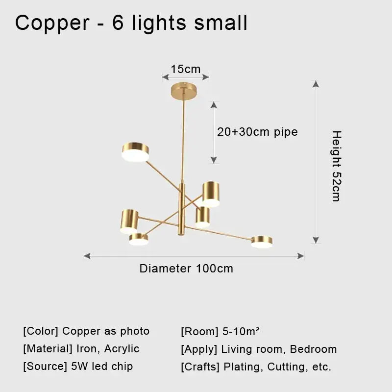 Copper-finished stylish led chandelier with six cylindrical lights and central iron frame for home decor by DecorBites