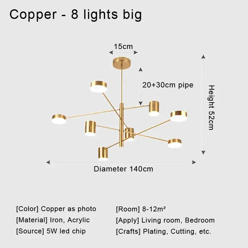 Copper-finished DecorBites™ stylish led chandelier with eight illuminated cylindrical lights for modern home decor