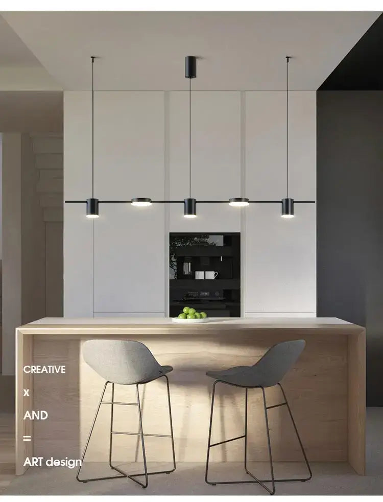 Modern black led chandelier with cylindrical shades ideal for stylish home decor above a minimalist kitchen island