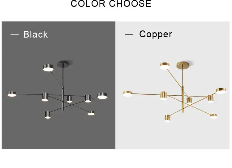 Modern geometric led chandelier by DecorBites available in sleek black or warm copper finish for stylish home decor