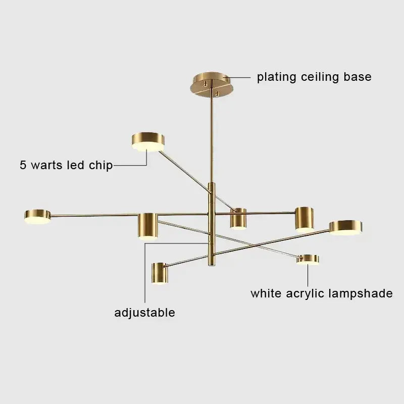 Modern gold-plated led chandelier with adjustable arms and white acrylic lampshades for stylish home decor by DecorBites