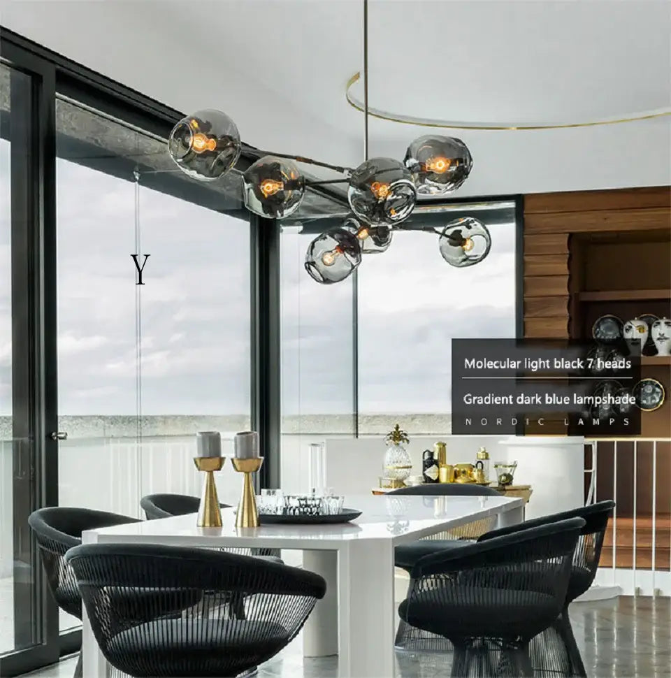 Molecular light black 7-bead stylish nordic chandelier with gradient dark blue lampshades for living room and dining