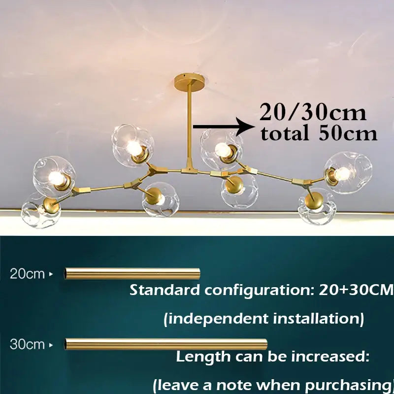 Gold-toned modern chandelier with clear glass globe shades and branching metal frame stylish nordic chandelier for living room