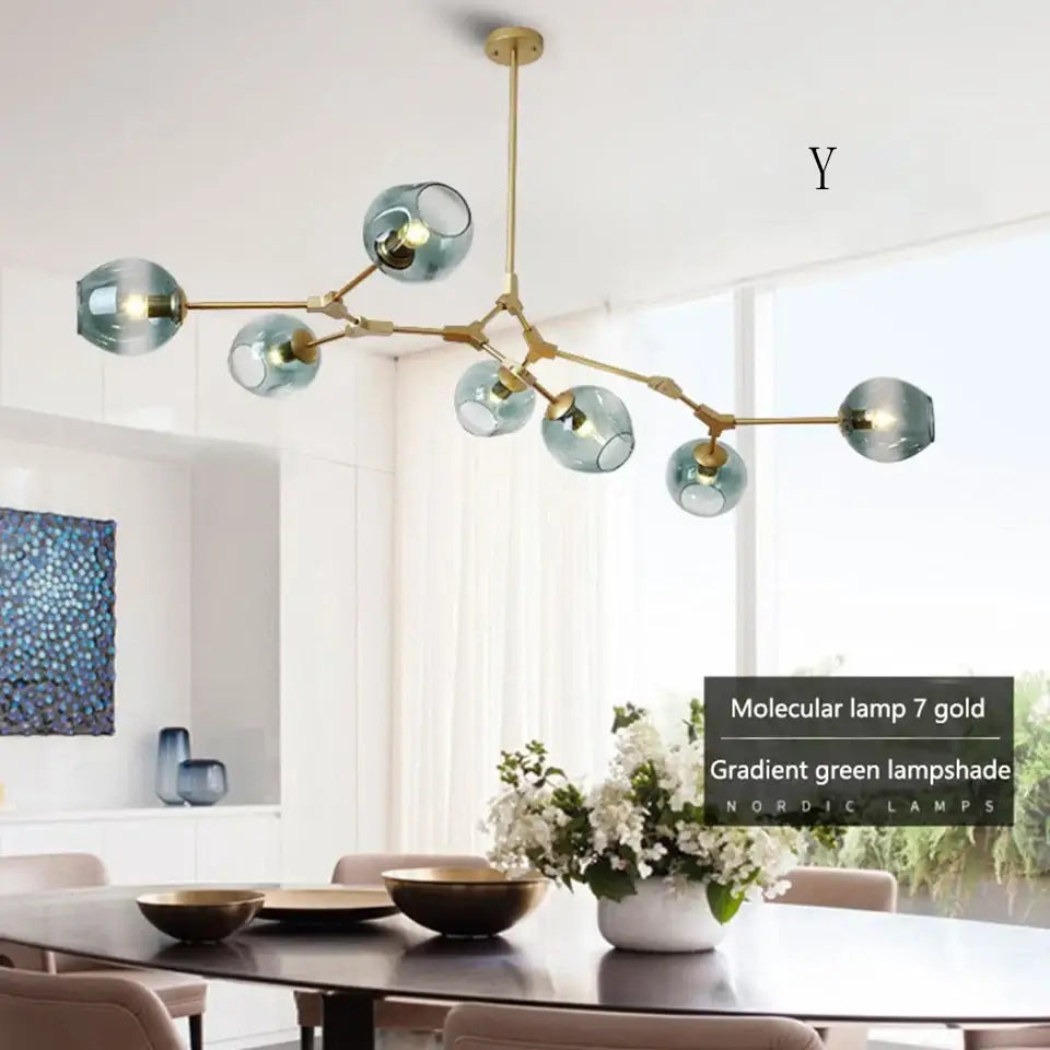 Gold-finished modern chandelier with seven gradient green glass lampshades stylish nordic chandelier for living room and dining