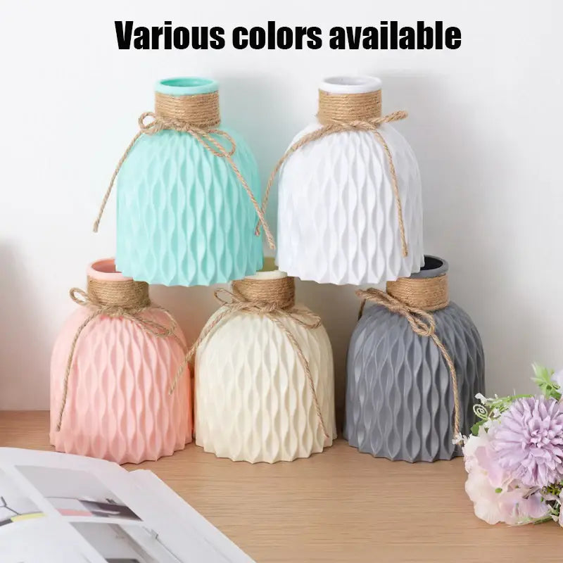 Pastel-colored ceramic stylish nordic color block vase with ribbed texture and natural twine tie for modern flower display