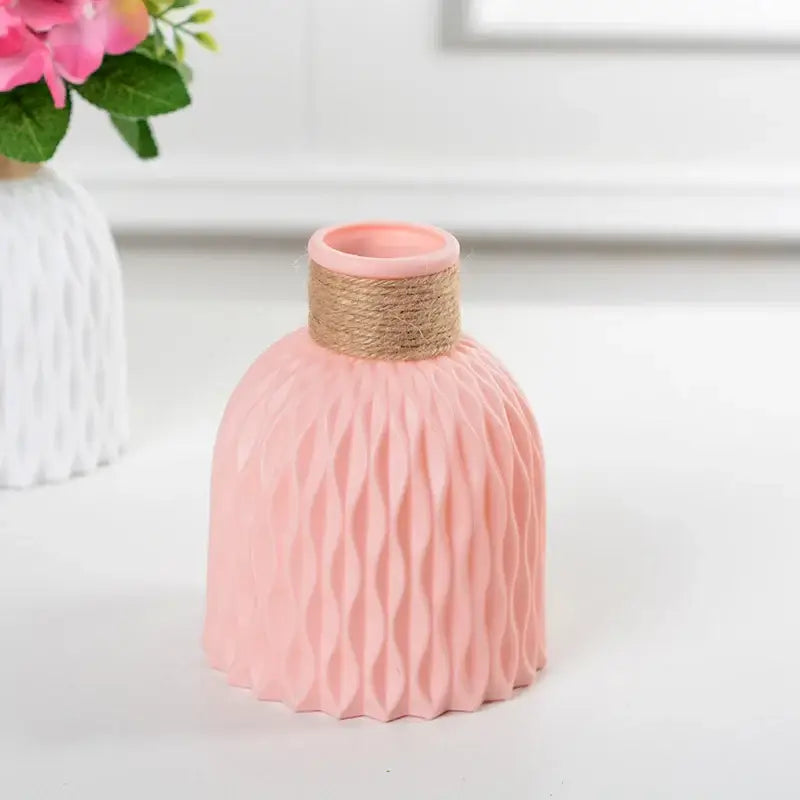 DecorBites™ stylish nordic color block vase pink ceramic with wavy texture and natural twine band modern flower vase