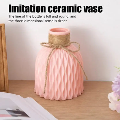 Pink imitation ceramic modern flower vase with wavy texture and natural twine bow from decorbites™ stylish nordic color block collection