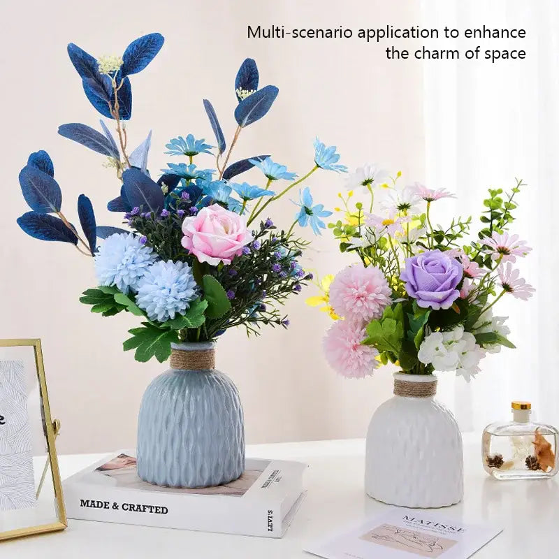 Decorbites™ stylish nordic color block vase set of two ceramic modern flower vases with textured surface and twine wrap