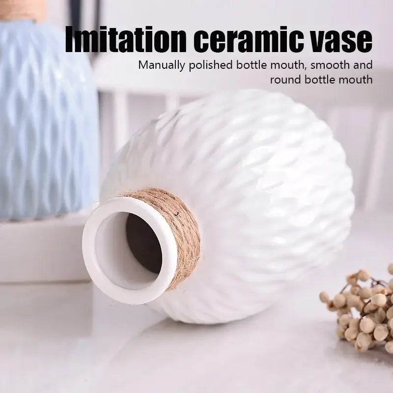 Decorbites™ stylish nordic color block modern flower vase in white imitation ceramic with textured diamond pattern and twine wrap